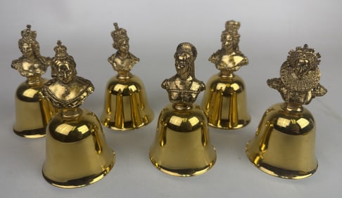 6 Adolfo Procopio Gold Plated Queen Dinner Bells Vintage Set. Elizabeth Anne Mary Victoria