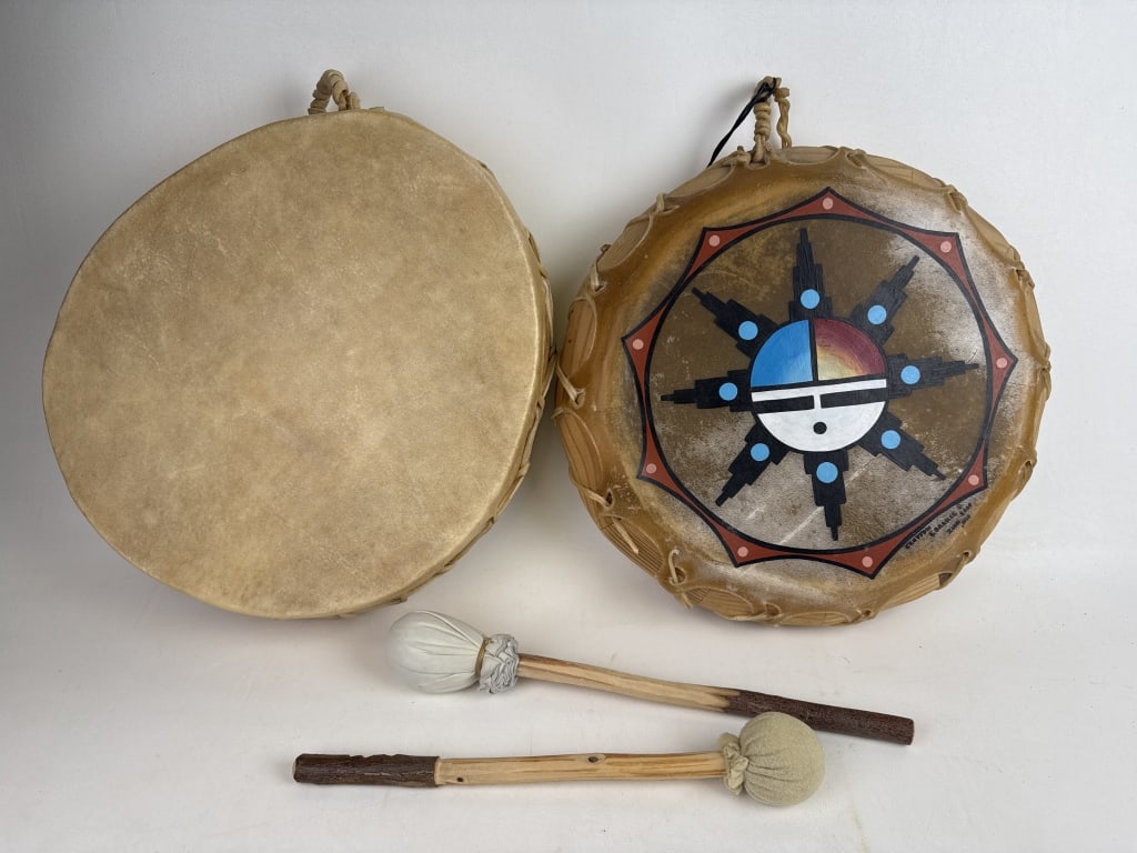 Native American Pueblo Drum Lot of 2 Zuni One is painted on two sides with different images other is (1 of 10)