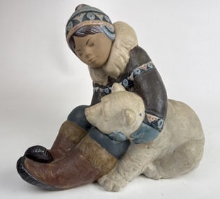 Lladro Figurine Gres Finish Eskimo Boy & Bear Inuit Boy Holding Polar Bear, no cracks. Signed with