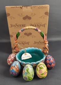 Jim Shore Heartwood Creek Figurines Hunting Eggs, Finding Joy 4007945 Easter Basket & 5 Eggs