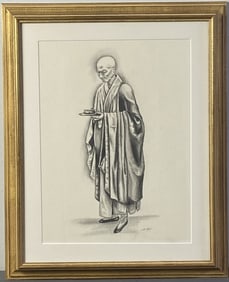 Signed Framed Charcoal Monk Drawing Print Signature is B Pitt. artwork with frame is 16 X 20 inches