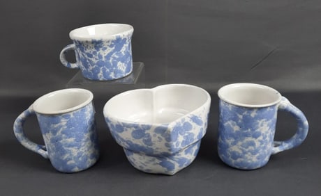 Vintage Bennington Pottery Pieces Set of Five Four cups and one heart shaped piece in the blue