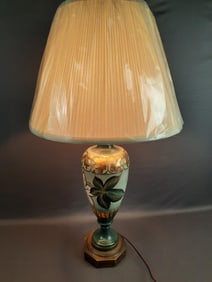 Vintage Hand Painted Green & Gold Table Lamp 34" tall. Works. Plug damaged. Please see images for