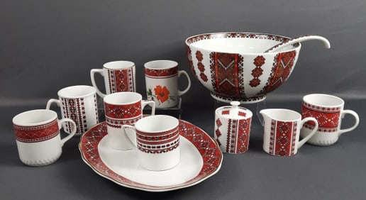Assorted Ukranian Art Style Serving Dishes Cups Cream Sugar Set
