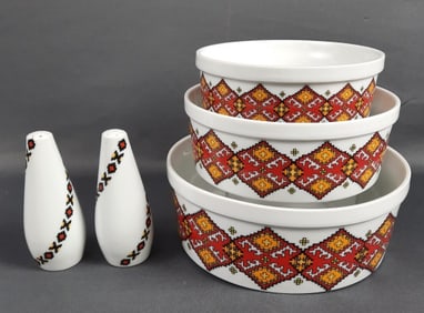 Vintage Enesco Aztec Pattern Serving Pieces Serving bowls and salt and pepper shakers.