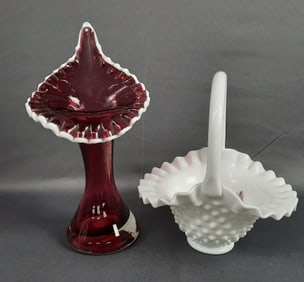 Fenton Milk Glass Basket & Cranberry Vase. Small chip at the tip of vase. Deep scratch in bottom of