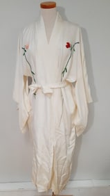 White Silk Floral Japanese Kimono Snag and stain on the back.