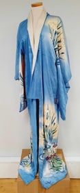 Vintage Blue Silk Japanese Kimono Stains are present. Measurements lying flat