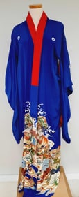 Vintage Silk Long Royal Blue Red Kimono Some stains and snags. Measurements lying flat