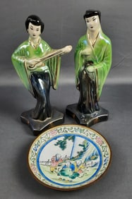 Mid-Century Iridescent Geisha Statues & Plate Two ceramic figurines and decorative