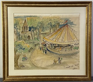 Carousel in the Park Framed Watercolor Painting Painting measures 24"x27"