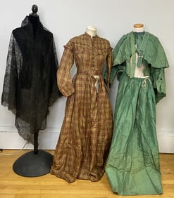 Antique Dresses Set of Two & Black Lace Shawl Two antique dresses and one black lace shawl.