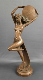 Bronze Colored Composite Statue with Shield Art nouveau style female figurine,