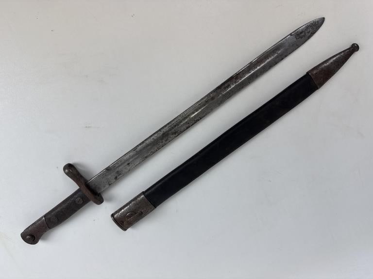 Antique Spanish Bayonet with Scabbard No marks all have been worn away. Distress overall: No marks all have been worn away. Distress overall