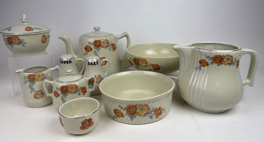 Vintage Hall Pottery Lot Orange Poppy 10 Pieces Some crazing in large bowl. Crack in creamer.