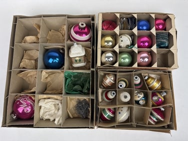 Vintage Shiny Brite Glass Christmas Tree Ornaments Some empty compartments in boxes.