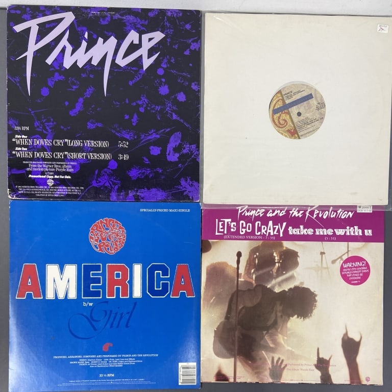 4 Prince 12 Inch Single Vinyl Records Let's Go Crazy & Take Me With You b/w Erotic City, Warner: Let's Go Crazy & Take Me With You b/w Erotic City, Warner Brothers W2000, 1984. America b/w Girl, Warner Brothers 0-20389, 1985. I Could Never Take the Place of Your Man, Paisley Park Records PRO-A-27