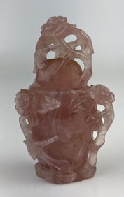Vintage Rose Quartz Carved Urn Vase with Lid No makers mark