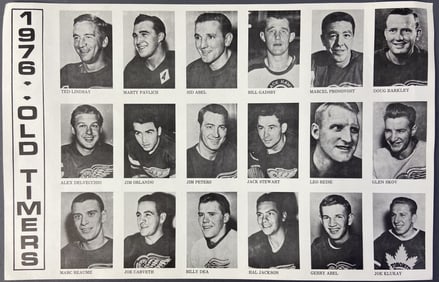 Detroit Redwings 1976 Old Timers Poster Black and white poster featuring pictures of hockey players