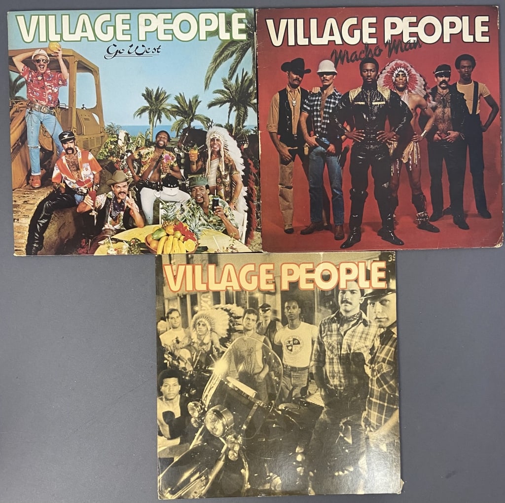 Village People Vinyl Records with Poster Three Village People vinyl records, one with (1 of 6)