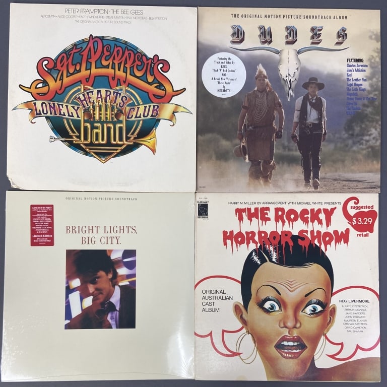 Movie Soundtrack Vinyl LP Records & Poster Sgt. Pepper's Lonely Hearts Club Band, RSO Records: Sgt. Pepper's Lonely Hearts Club Band, RSO Records RS-2-4100, 1978. Gatefold, includes poster. Cover is clipped on the bottom fold. The Rocky Horror Show, Australian cast album, Elephant Records, ELA 