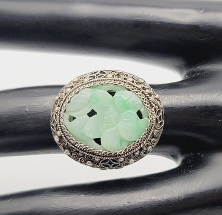Sterling Silver Carved Floral Jadeite Ring Ring Weighs 6.6 Grams  Size Adjustable (1 of 6)