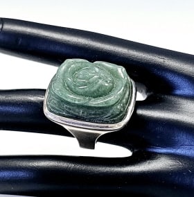 Sterling Silver Carved Jade Flower Ring Ring weighs 21.6 Grams Size 6 (1 of 8)