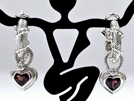 Judith Ripka Sterling CZ Garnet Heart Earrings Earrings weigh 12.0 Grams: Earrings weigh 12.0 Grams