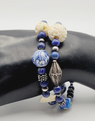 Sterling Beaded Wrap Bracelet Lapis Ceramic Beads Bracelet Measures 6" (1 of 5)