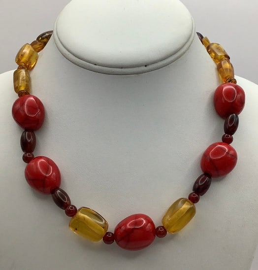 Vintage Amber & Coral Necklace Silver tone Necklace total length is: Silver tone Necklace total length is 16" One of the beads has some damage, please see pictures.