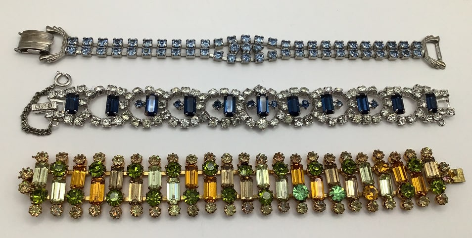 Trio Of Vintage Colorful Rhinestone Bracelets Dark blue rhinestone bracelet clasp is missing a (1 of 9)