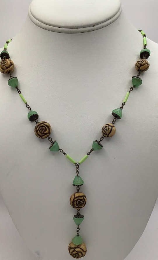 Art Deco Jadeite & Flower Beads Necklace Necklace is 24": Necklace is 24"