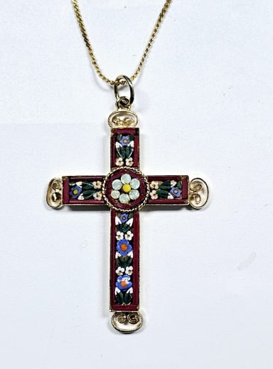 Vintage Micro Mosaic Cross Pendant Italy Necklace measures 22" The necklace is gold tone. (1 of 7)