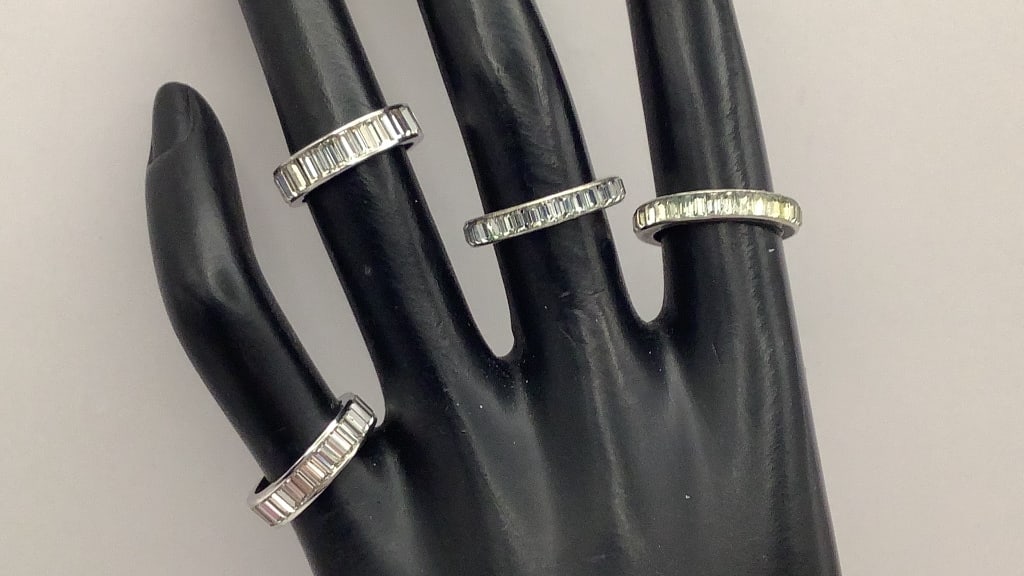 Lot of 4 Sterling & Rhinestone Rings Inc Trifari Trifari rings are size (1 of 4)