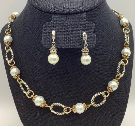 Premier Design Pearl Silver & Gold Tone Necklace & Earrings Set No earring backs.: Earrings Set No earring backs.
