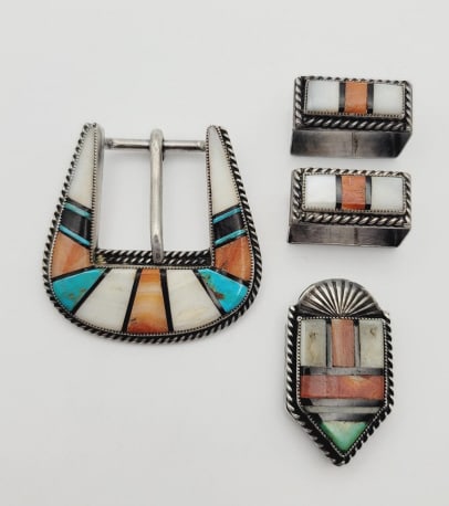 Silver Tone Gemstone Inlay Belt Buckle Pieces Weigh 36.5 Grams Collectively: Pieces Weigh 36.5 Grams Collectively