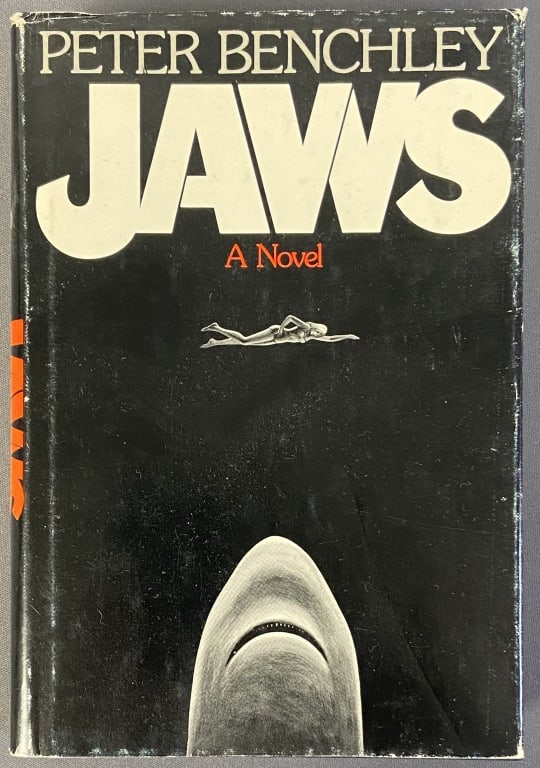 Jaws by Peter Benchley First Edition Book Jaws by Peter Benchley, published by Doubleday 1974. Some: Jaws by Peter Benchley, published by Doubleday 1974. Some light wear to dust jacket. While book does not have all points for a true first, it doesn't have an indentation in the back board to indicate 