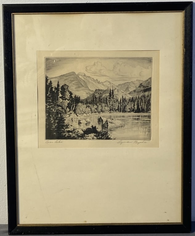 Lyman Byxbe Etching Bear Lake Signed Etching entitled Bear Lake by Lyman Byxbe, signed in pencil by: Etching entitled Bear Lake by Lyman Byxbe, signed in pencil by the artist. Artwork with frame is 12 X 15 inches in size.