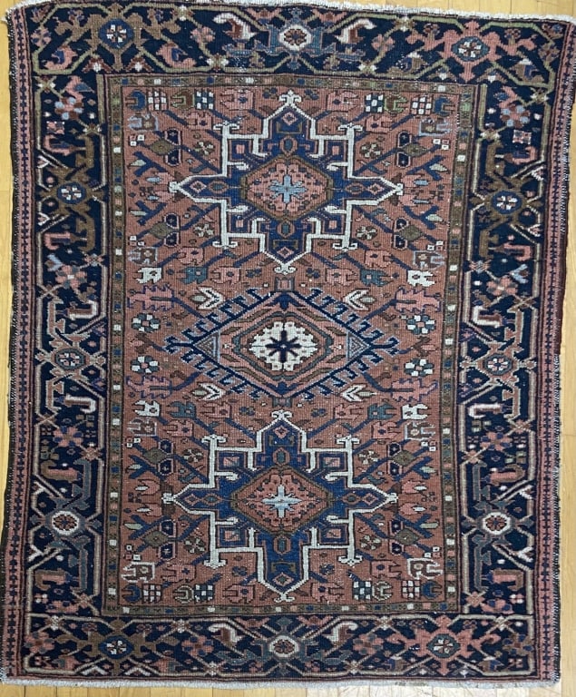Antique Persian Wool Heriz Karajeh Rug Wool red and blue late 19th century Persian rug. Clean, no: Wool red and blue late 19th century Persian rug. Clean, no holes or stains. Rug is 50.5 X 40 inches in size.