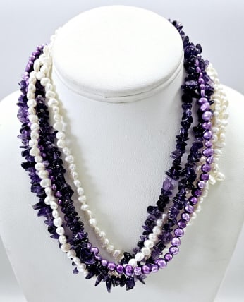 Sterling Multiple Strand Pearl & Amethyst Necklace Necklace weighs 112 Grams Measures 18": Necklace weighs 112 GramsMeasures 18"