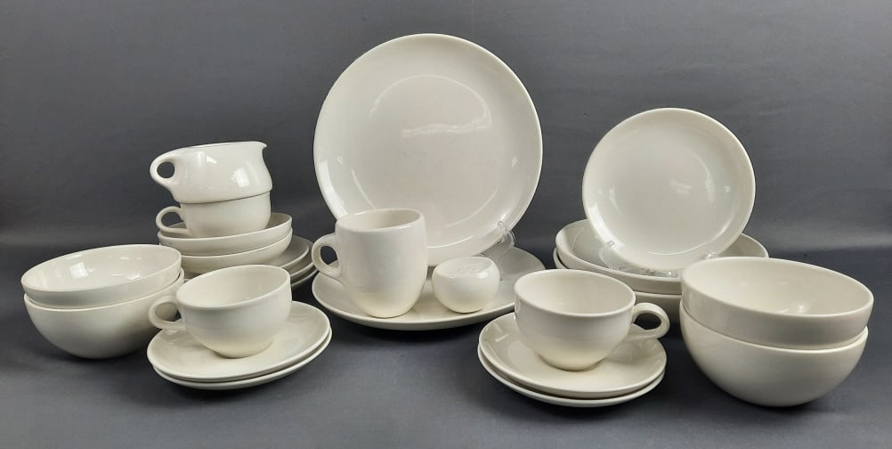 Assorted Russel Wright Iroquois Casual China White Utensil marks. 24 pieces Crack in handle of: Utensil marks. 24 piecesCrack in handle of teacup. Please see images for details regarding the condition.