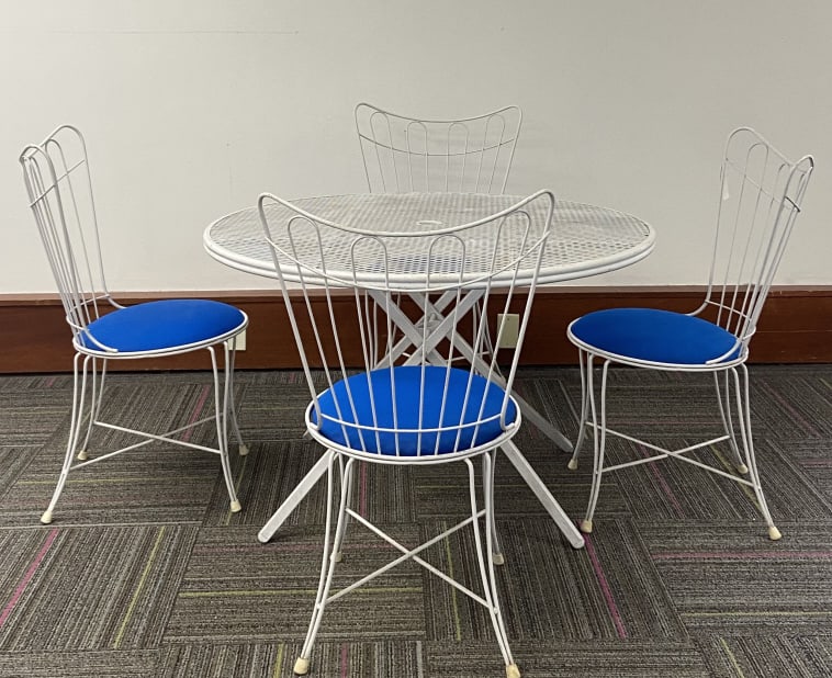 Mid Century Patio Table and Chairs Set of Five White metal mid century table with four chairs. Blue: White metal mid century table with four chairs. Blue chair pads are replacements and not original to set. Table is 26 1/2 inches tall and 42 1/4 inches in diameter. Chairs are 35 inches tall, seats ar