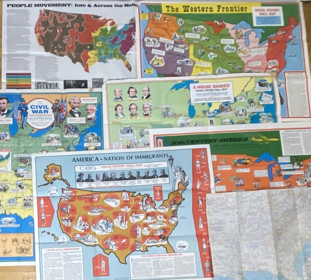 Visual History Wall Maps Collection of Classroom maps from the 1960's and 1970's. Includes maps on: Collection of Classroom maps from the 1960's and 1970's. Includes maps on the Civil War, Immigration and the 20th Century. Some small tears, paper loss, and tape residue. Includes seven maps.