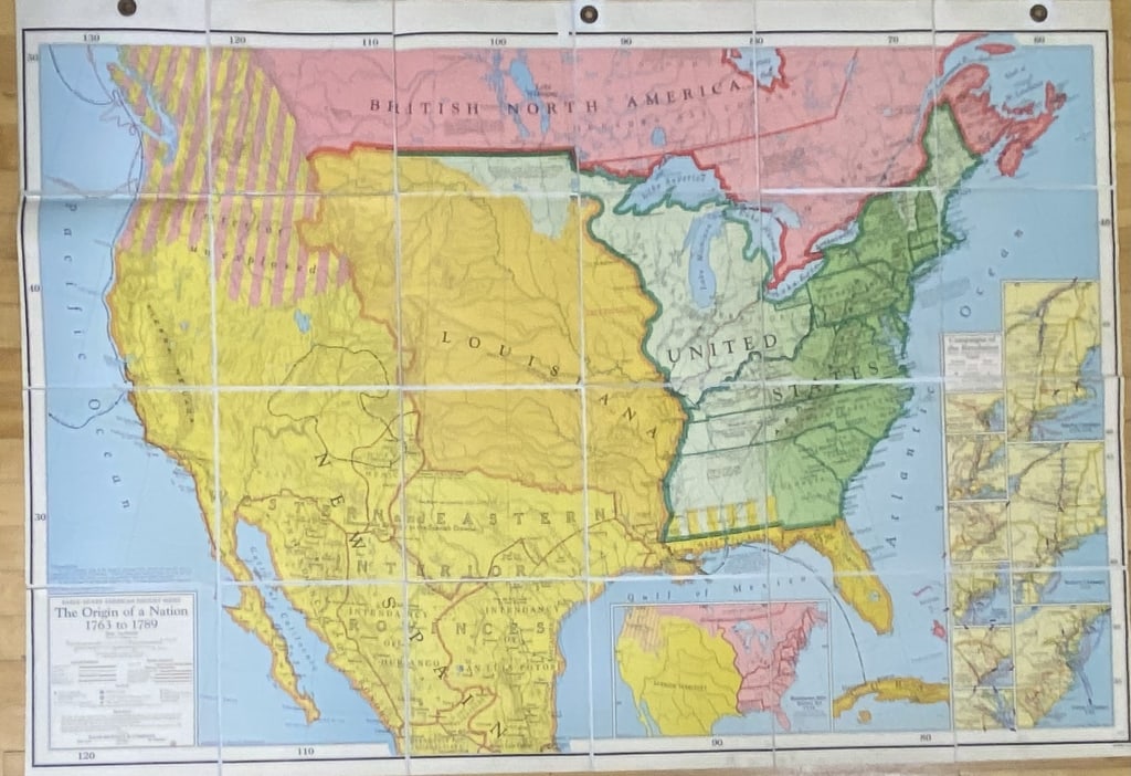 Origin of a Nation Vintage US Map Classroom map of the United States pre Revolutionary War, paper: Classroom map of the United States pre Revolutionary War, paper glued to linen, published by Rand McNally. Map is 47 1/4 X 39 3/4 inches in size.