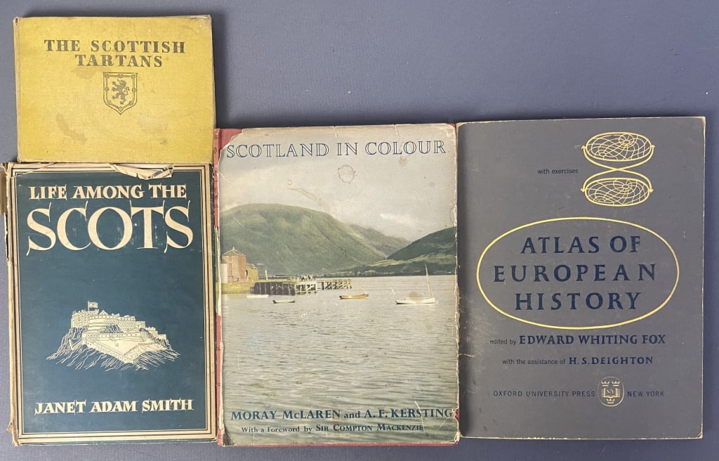 Scottish Books & European Atlas Set of Four Atlas of European History published by Oxford University: Atlas of European History published by Oxford University Press, 1959 third printing. Paper loss on spine cover.The Scottish Tartans illustrated by William Semple, published by W&AK Johnston Ltd. Split