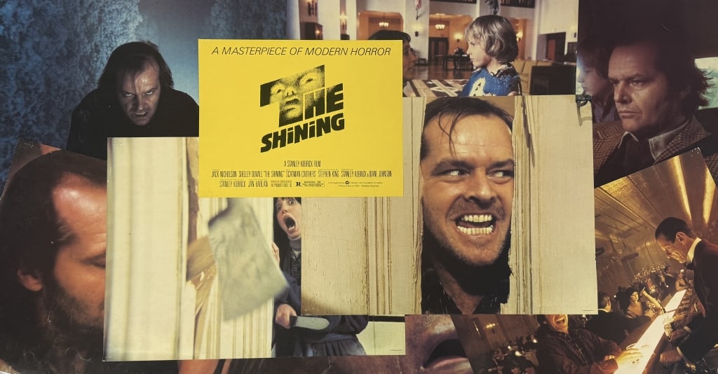 1980 The Shining Oversized Still Set of 9 Stills measure 15 x 20 inches. Title Card measure 11 x 14: Stills measure 15 x 20 inches. Title Card measure 11 x 14 inches. From closed movie theater collection. Pin holes in corners. Light to heavy edge wear. See photos for details.