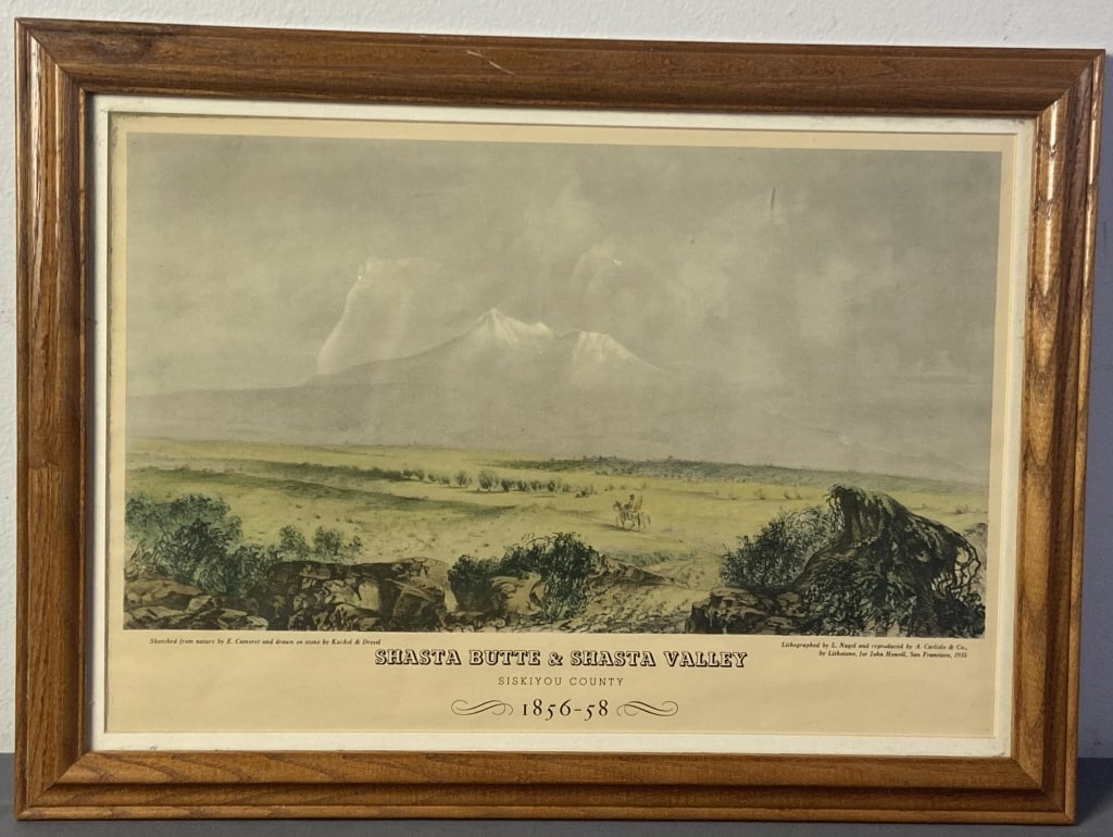 Shasta Butte California Lithograph Hand tinted litho of Siskiyou County California. Litho from a: Hand tinted litho of Siskiyou County California. Litho from a sketch by E. Camerer in 1856-58, lithographed by L Nagel in 1935. Litho of a mountain with valley in the foreground with two people on hor
