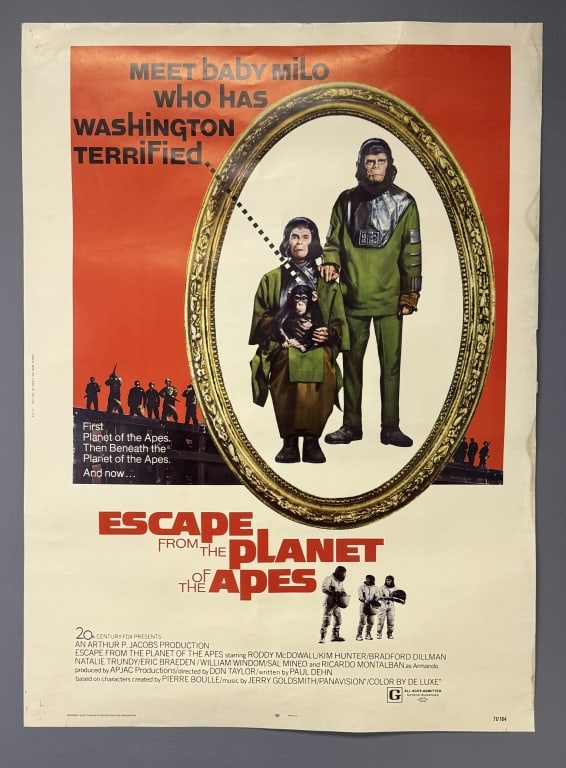 Escape From The Planet of The Apes Movie Poster 1971 original one sheet. From closed movie theater: 1971 original one sheet. From closed movie theater collection. Original size 39 x 40 inches. Approximately 1 inch of water damage has been cut from right side. See photos for details.