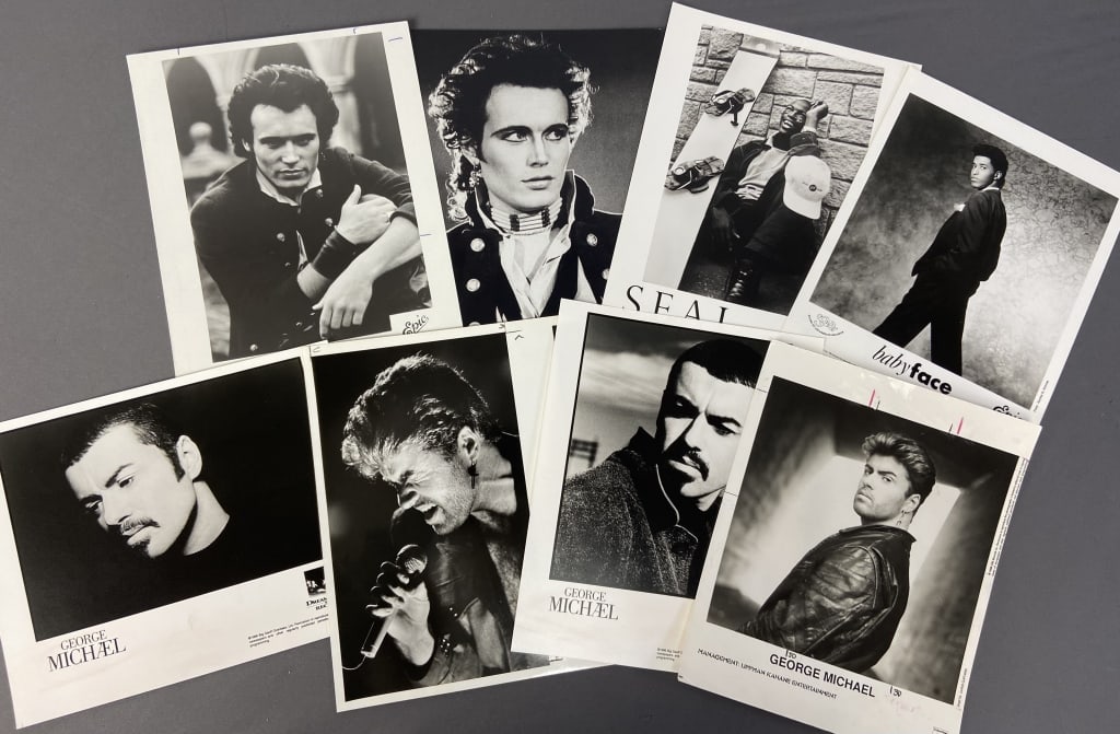 Promotional Photos George Michael Seal Eight glossy black and white promotional photographs of: Eight glossy black and white promotional photographs of George Michael, Seal, Adam Ant, and Babyface. Some writing on the backs.