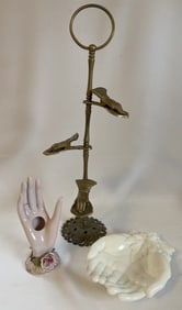 Vintage Hand Collection Brass, Glass, Ceramic Set of three vintage hand pieces. Pink ceramic pen